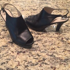 Peep Toe Black Leather Bootie w/ Heel Buckle